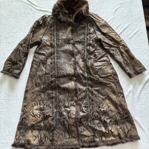 Vintage Talenti Italy Shearling Coat Brown Embossed Leather Fur Trim M-L